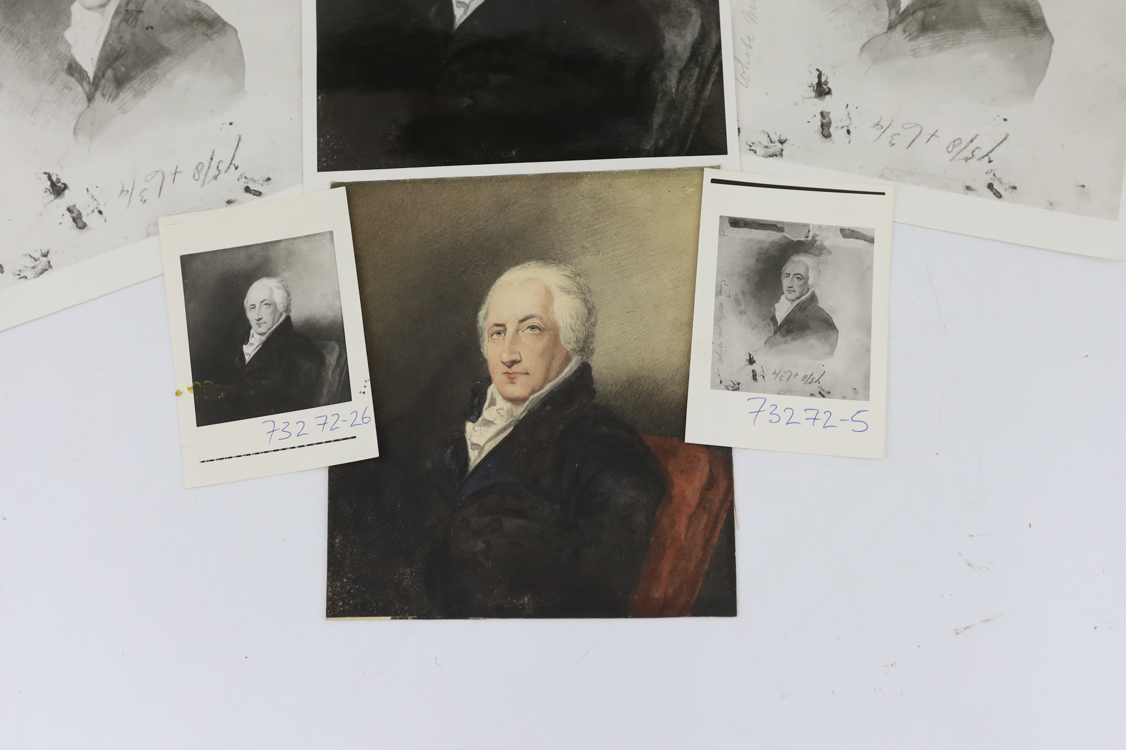 Late 18th century English School - Portrait of Sir William Eden, later 1st Baron Auckland, watercolour on card, 20 x 18cm. A sketch of the sitter verso.